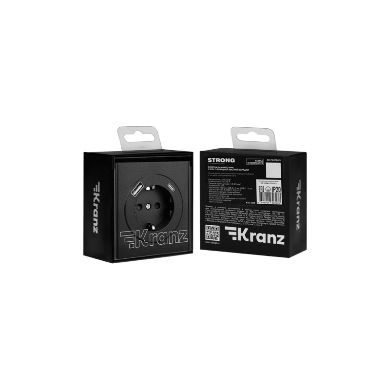 Розетка STRONG 1-ая с/з с/у з/ш 16А с USB A+C быстрой зарядки 5В/3А антрацит KRANZ, KR-78-0704-5